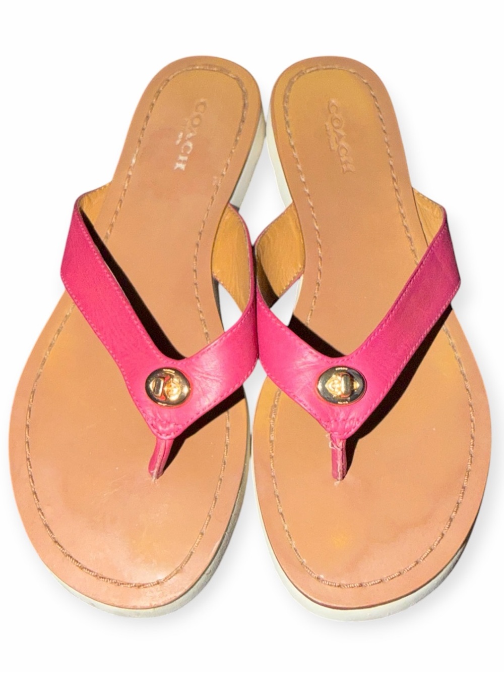 Coach "Shelly" Dahlia Hot Pink Leather Thong Flip Flop Sandals Gold Hardware